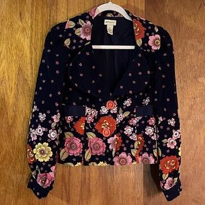 ELEVENSES Corduroy Jacket in Navy Blue w Pink Flowers Sz 2